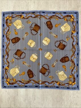 Trussardi Navy & White Striped cotton Scarf with Brown and Gold Bag Motifs